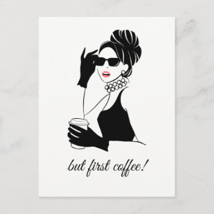 Fashion illustration woman with coffee postcard