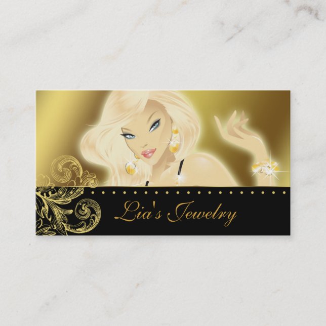 Fashion Jewellery Pretty Blonde Woman Gold Business Card (Front)