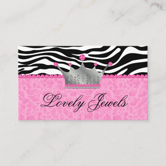 Fashion Jewels n Crown leopard Zebra Lace Pink Business Card (Front)