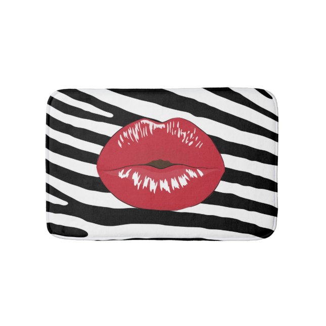 Fashion lips zebra glamour girly black and white bath mat (Front)
