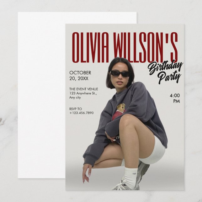 Fashion magazine photo birthday invitation (Front/Back)