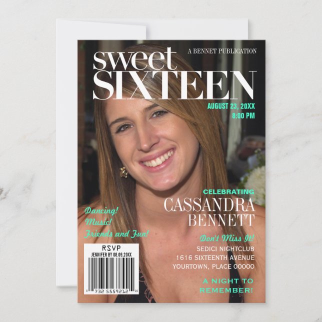 Fashion Magazine Turquoise Sweet Sixteen Party Invitation (Front)