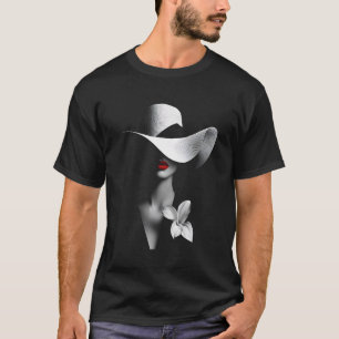Fashion Model Hat Big Brim Sun Hat Red Lips Flower T-Shirt
