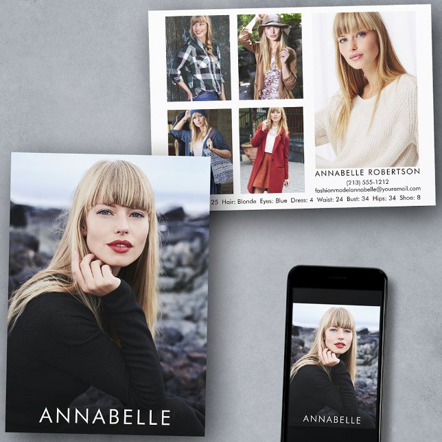 Fashion Modelling 6 Photos Modern Model Comp Card (Customize to change background color, text size or text style. Available for prints and download.)