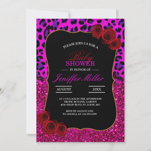 Fashion Modern Pink Purple Glitter Leopard.        Invitation (Front)