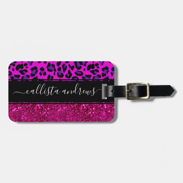 Fashion Modern Pink Purple Glitter Leopard.        Luggage Tag (Front Horizontal)