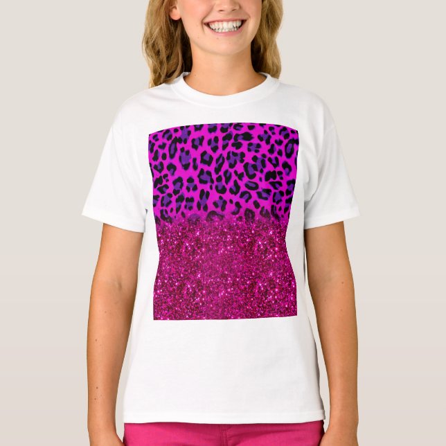 Fashion Modern Pink Purple Glitter Leopard T-Shirt (Front)