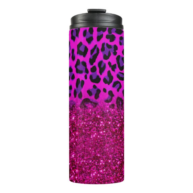 Fashion Modern Pink Purple Glitter Leopard Thermal Tumbler (Front)
