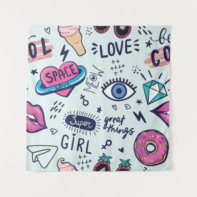 Fashion patch badges. Seamless pattern with pink g Tapestry (Front)