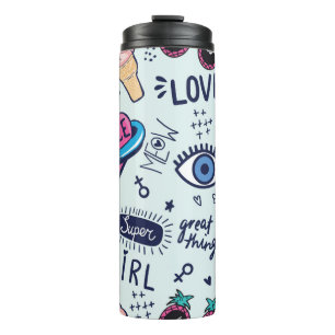 Fashion patch badges. Seamless pattern with pink g Thermal Tumbler