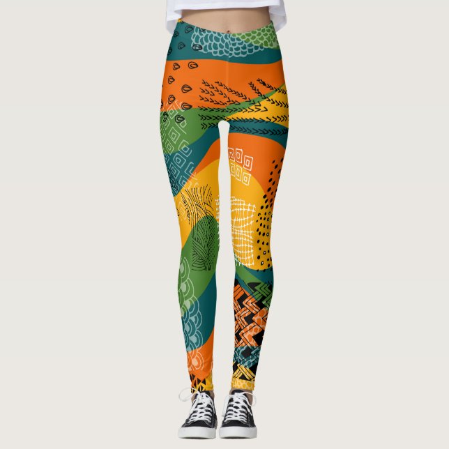 Fashion Patchwork: Undulating Abstract Art Leggings (Front)