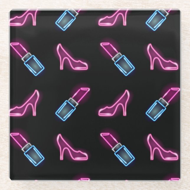 Fashion Pattern with Neon Icons. Glass Coaster (Front)
