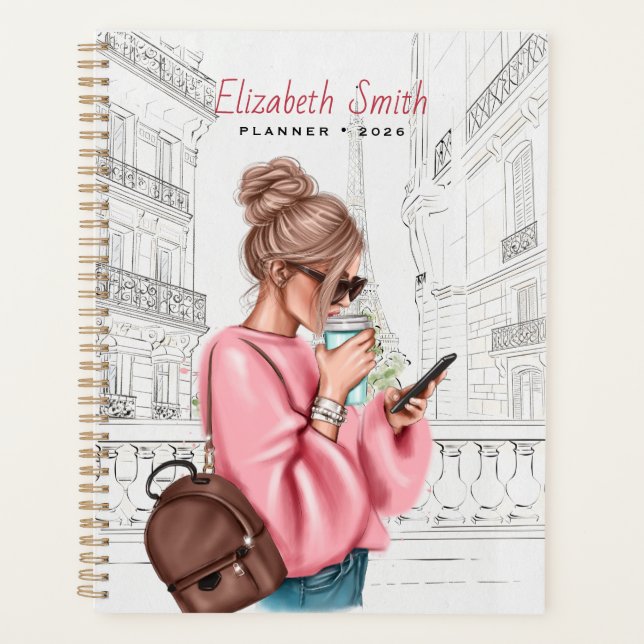 Fashion Pretty Girl with Coffee in Paris Planner (Front)