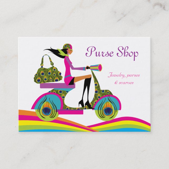 Fashion Purses Scooter Peacock Rainbow Business Card (Front)