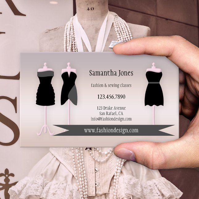 Fashion Sewing or Seamstress Business Card (Modern business card featuring examples of dresses on a chic pink grey background)