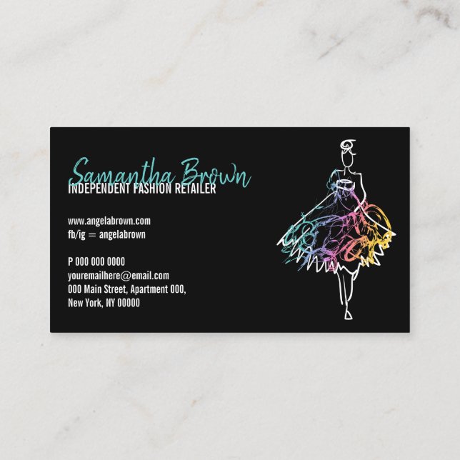 Fashion shop dress sketch black boutique business card (Back)