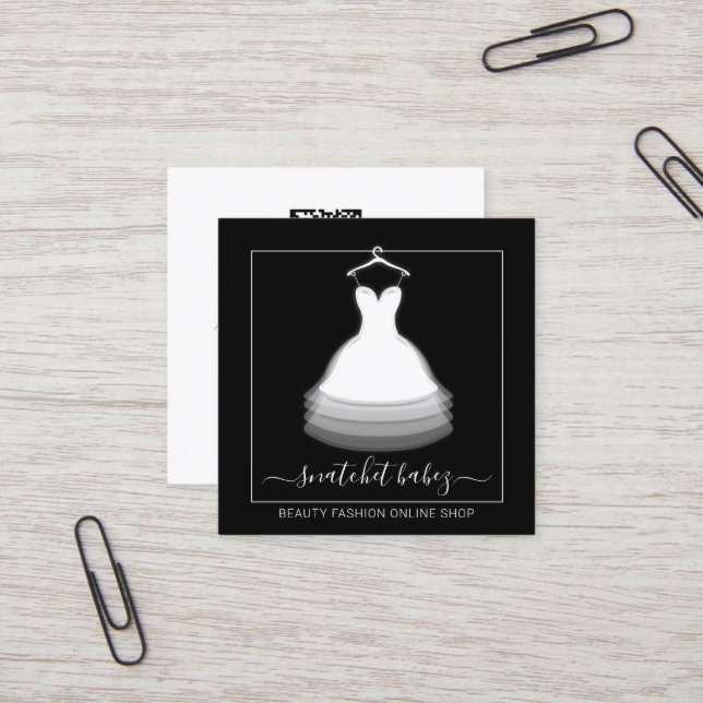 Fashion Stylist Event Dress QR Code Logo Black Square Business Card (Front/Back In Situ)