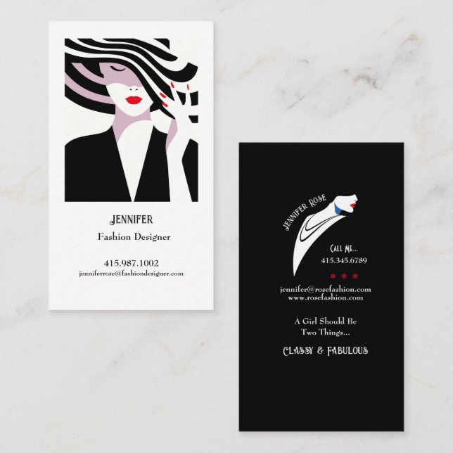 Fashion Stylist Lady With Stripped Hat  Business Card (Front/Back)
