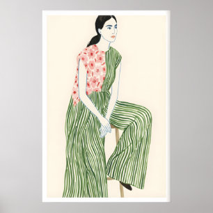 Fashion Wall Art Calm Seated Woman - Green Stripes