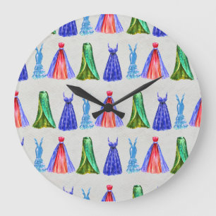 Fashion watercolor, hand-drawn dresses pattern. large clock
