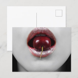 Fashion woman with cherry lips postcard