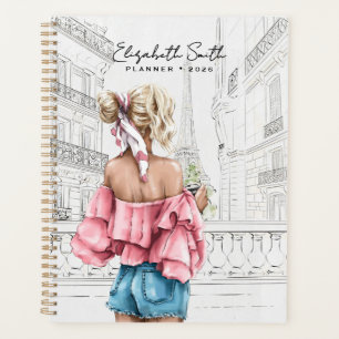 Fashion Young Girl with Coffee in Paris Planner