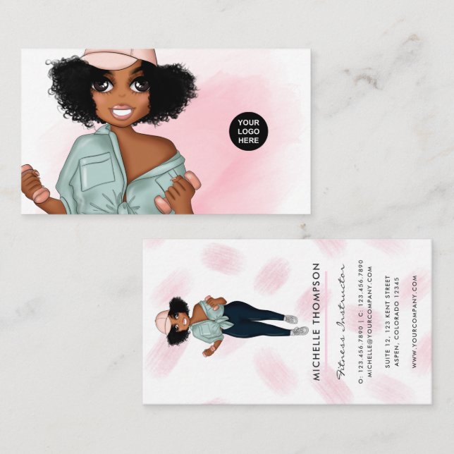 Fashionable Afro Fitness Instructor Girl Business  Card (Front/Back)