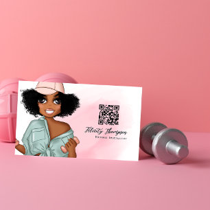 Fashionable Afro Fitness Instructor Girl QR Code Business Card