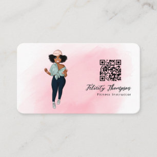 Fashionable Afro Fitness Instructor Girl QR Code Business Card