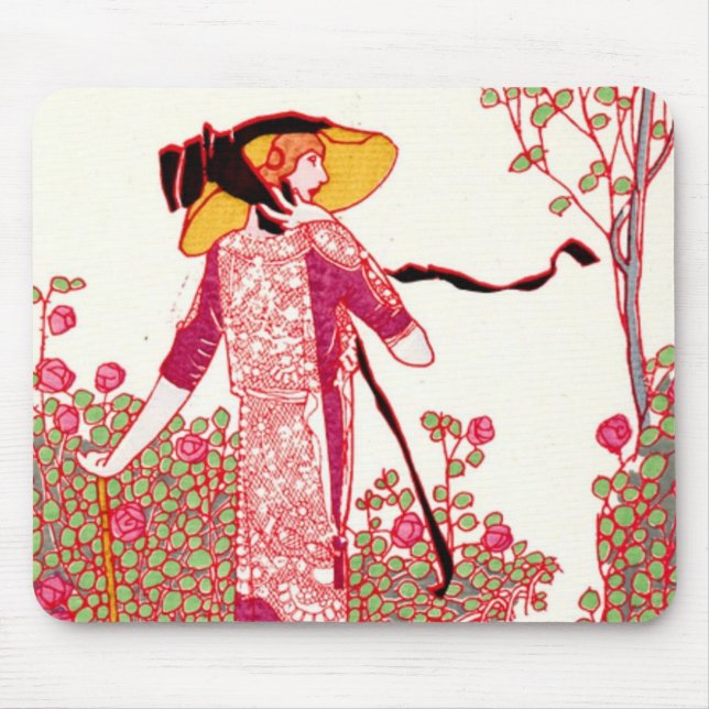 Fashionable Art Deco Lady in a Rose Garden Mouse Pad (Front)