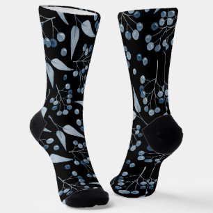 Fashionable Black with Blue Botanicals Berries Socks