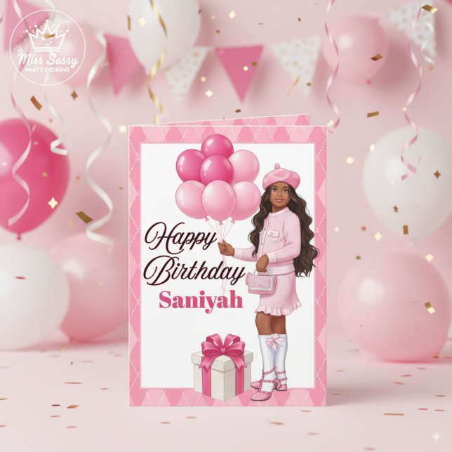 Fashionable Brown Girl/Teen Pink Birthday Card (Pretty in pink 💕 Stylish birthday card with festive party vibes. Perfect for your young fashionista)