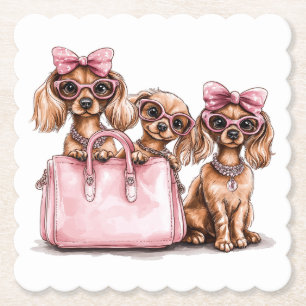 Fashionable Dachshund Dogs Pink Purse Paper Coaster