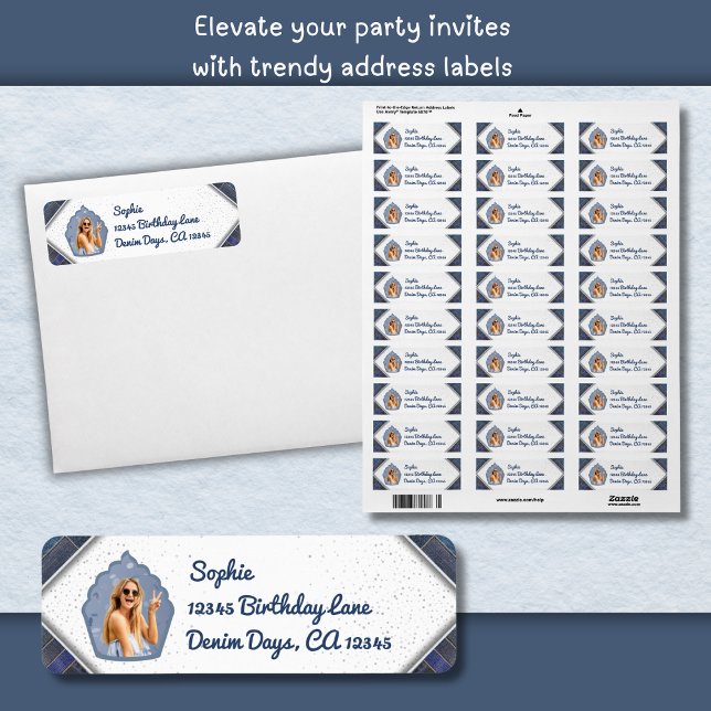 Fashionable Denim Birthday Photo Address Labels (Fashionable Denim Photo Address Label)