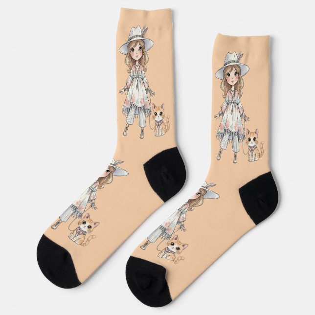 Fashionable Girl strolling with cute cat Socks (Left)