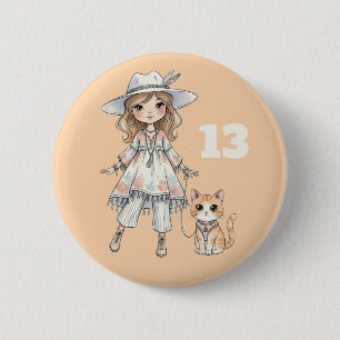 Fashionable girl strolling with her cat 6 cm round badge