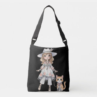 Fashionable girl strolling with her cat crossbody bag