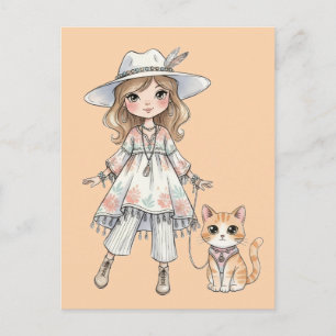Fashionable girl strolling with her cat postcard