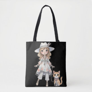 Fashionable girl strolling with her cat tote bag
