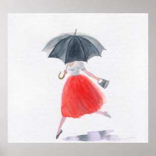 Fashionable Girl: Umbrella Rain Illustration Poster