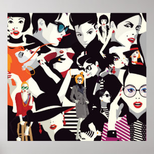 Fashionable girls collage: pop art poster