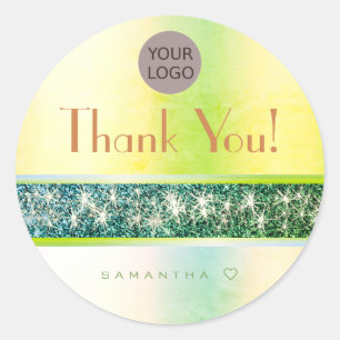 Fashionable Green Yellow Glitter Thank You Text Classic Round Sticker