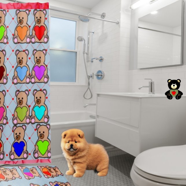 Fashionable Heart Teddy Bear Lover  Shower Curtain (Matching shower mat available in store.)
