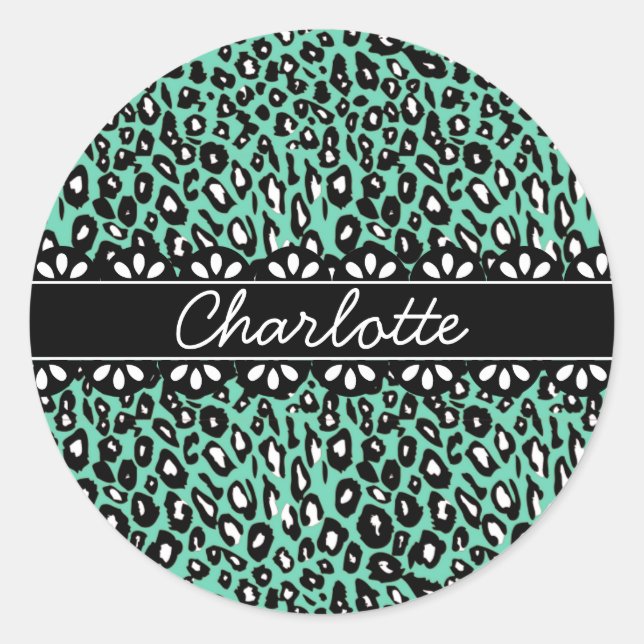 Fashionable Mint Leopard Print and Lace Classic Round Sticker (Front)