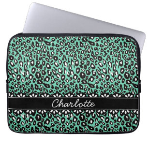 Fashionable Mint Leopard Print and Lace Laptop Sleeve