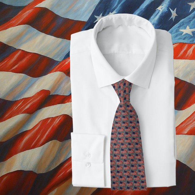 Fashionable Patriotic US Flag Stars and Stripes Tie (Tie on shirt with Background)