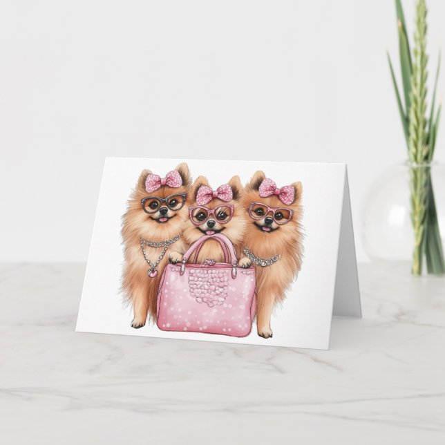 Fashionable Pomeranian Dogs Pink Purse Card (Front)