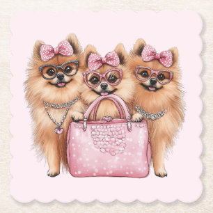 Fashionable Pomeranian Dogs Pink Purse Paper Coaster