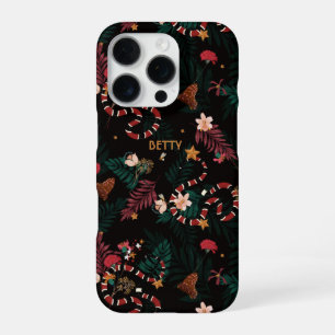 Fashionable Red Snake Mix Floral Pattern in Black iPhone 16 Pro Case