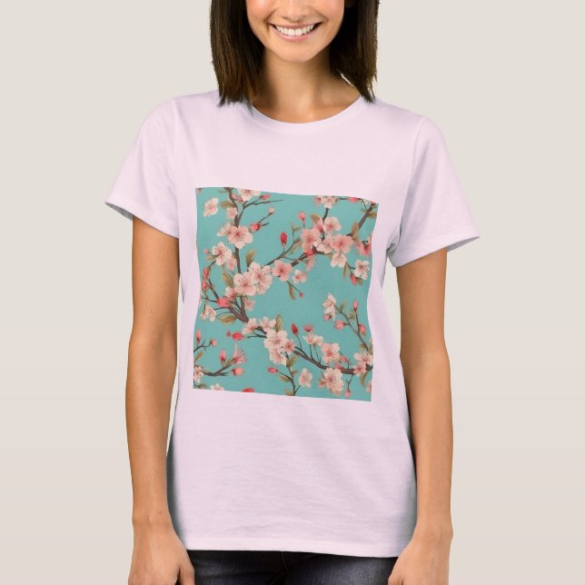 Fashionable Turquoise Cherry Blossom T-Shirt (Front)